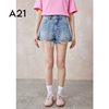 A21女装宽松中腰直筒牛仔短裤夏季美式复古破洞设计感蓝色三分裤
