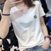 韩国丝光棉2024年夏季白色V领短袖t恤女装修身百搭简单上衣潮