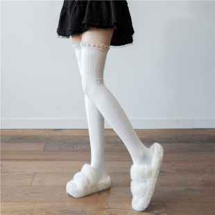 白色过膝袜日系蕾丝长筒袜子女秋冬加厚半截大腿套JK花边堆堆袜套