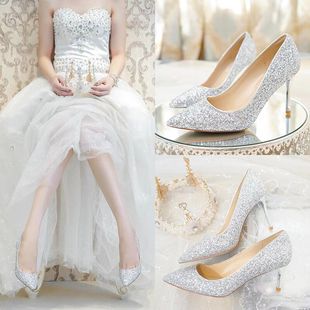 水晶鞋婚鞋女2023银色高跟鞋细跟婚纱，鞋红色新娘鞋白色伴娘鞋