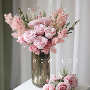 温馨粉色系玫瑰，永生花花束客厅花瓶，套装餐桌生日礼物摆拍玄关装饰