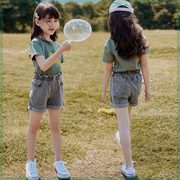 女童夏装套装2024韩版洋气中大童短袖牛仔短裤，休闲t恤两件套