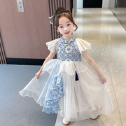 女童青花瓷连衣裙2024春季女宝中国风裙子儿童，洋气公主礼服裙