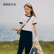 rbigx瑞比克童装2024夏季洋气撞色圆领烫钻女童短款短袖t恤