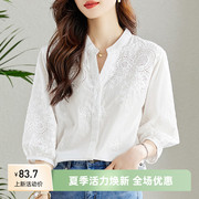 v领绣花镂空白衬衫，女七分袖，2024春纯棉气质轻熟上衣衬衣