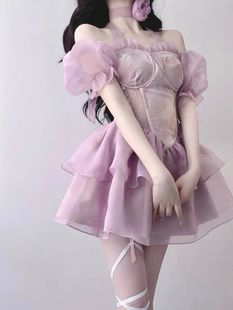 法式初恋泡泡袖高级感紫色连衣裙仙女欧根纱迪士尼在逃公主蓬蓬裙
