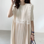 韩国chic夏季法式复古圆领花边，拼接宽松纯色，长款百褶短袖连衣裙女