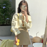 自制奶油黄长袖(黄长袖)衬衫女夏宽松日系学生设计感高级防晒衫鹅黄色衬衣