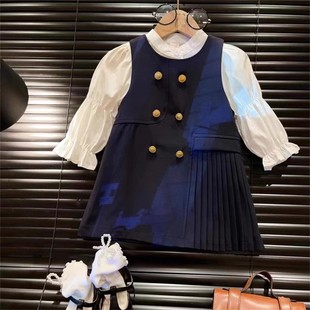 女童学院风套装2024春季韩版儿童洋气背心裙，宝宝白色长袖衬衫