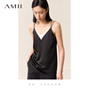 Amii2024夏季假两件缎面雪纺衫女美背黑色吊带背心撞色上衣