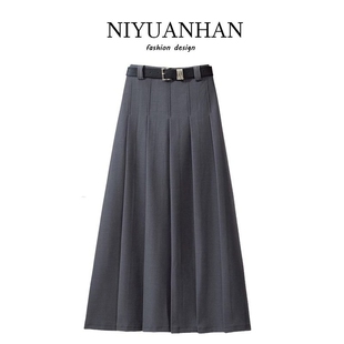niyuanhan灰色西装中长款半身裙，夏百褶裙小众设计感显瘦a字裙长裙