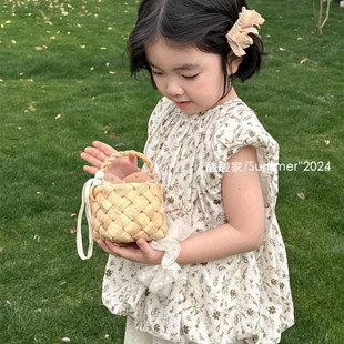 儿童田园风碎花娃娃衫夏季韩系女童泡泡袖纯棉上衣衬衫洋气