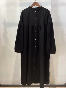 18367赫本风小黑裙，压褶纯棉长袖连衣裙纯色，大版遮肉单排扣衬衫裙