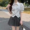 白色衬衫女夏季学院风泡泡短袖衬衣褶皱不规则短款上衣女