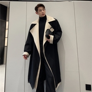 冬季韩国撞色大翻领毛，呢大衣男中长款设计感韩版加棉加厚呢子外套