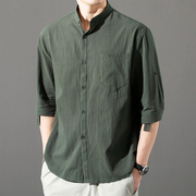 夏季亚麻衬衫男七分袖韩版潮流，修身五分中袖衬衣棉麻短袖半袖上衣