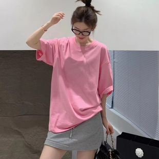欧洲站2024春夏韩系少女，风圆领短袖，慵懒大版粉色糖果色t恤