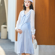 2024年孕妇春季连衣裙双翻领，长袖雪纺纯色，中长款高贵韩版裙子