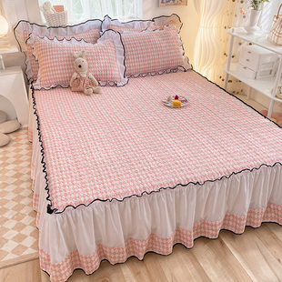 公主风夹棉床单单件，韩式加厚粉色花边女生床