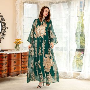 中东跨境金色珠片绣花纱女阿拉伯连衣长裙indonesianlongdress