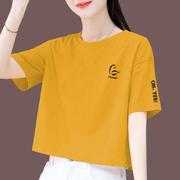 女士短袖t恤姜黄色短款2024夏季棉宽松显瘦简约天鹅印花上衣0402y