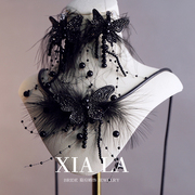夏拉个性黑色闪钻羽毛蝴蝶，造型颈链耳夹套装，法式黑礼服配饰品