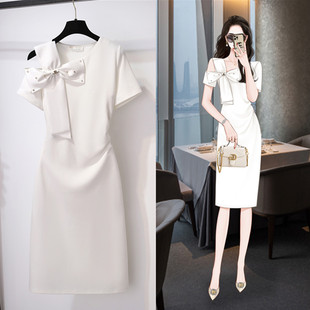高定设计感名媛白色连衣裙女夏季2023法式轻奢小礼服修身裙子