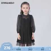 lynnmilo琳麦罗2023女童黑色雪纺连衣裙轻奢洋气，蕾丝拼接丝缎