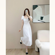 法式白色泡泡袖连衣裙女夏季仙女气质高级感收腰显瘦雪纺网纱裙子