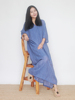 姜欢设计夏款靛蓝色天丝麻V领5分袖宽松气质款连衣裙 临江