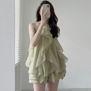 韩国chic夏季法式复古挂脖拼接荷叶边设计无袖，吊带连衣裙短裙女