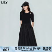 LILY2024夏女装设计感拼接气质通勤时尚高腰A字连衣裙小黑裙