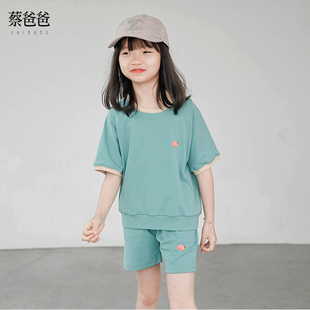 蔡爸爸童装 2024女童夏季套装 男儿童小鱼T恤套装 蓝绿色013