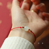 新年天然和田玉10mm圆珠女红绳手链，手工编制超值