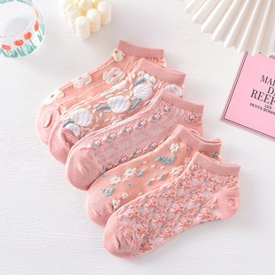 袜子女船袜春夏薄款粉色，复古花朵纯棉，短袜吸汗透气百搭民族风浅口