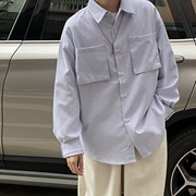 b东日系男装秋季基础条纹，衬衫立体口袋，工装宽松衬衫长袖日杂衬衣