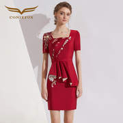 创意狐晚礼服主持人红色，小礼裙修身气质，a字裙日常可穿拼接连衣裙