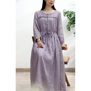 新中式高级感浅紫色亚麻连衣裙，女高腰系带，温柔风棉麻长裙宽松大码