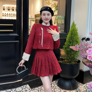 新中式囯风小香风红色套装裙，23秋冬款洋气，盘扣短外套百褶裙两件套