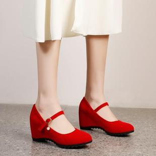 磨砂红色婚鞋新娘内增高高跟单鞋女法式复古扣带坡跟大码女鞋 XLD