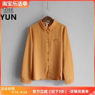 yun韫春季女装polo领单排扣长袖桔色雪纺女衬衫长袖上衣1127