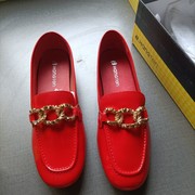 品牌女单鞋红色牛漆皮38码软，皮套脚平底舒适透气女单鞋真皮女鞋