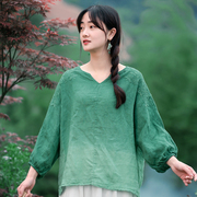 亚麻植物染绿色做旧刺绣，复古上衣衬衫高端设计感v领灯笼袖罩衫夏