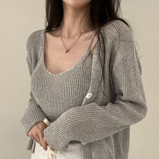 韩国chic夏季针织套装可调节内搭吊带背心+长袖防晒针织开衫女
