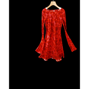 爱琴海女装Upinlook 正红色 真丝印花~收腰圆领喇叭袖连衣裙89986