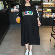 2024夏季韩国东大门大码女装宽松钉珠宽松蝙蝠袖中长款短袖T恤裙
