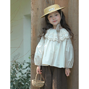 韩国童装2024春款女童衬衫洋气白色大荷叶领衬衣儿童韩版宽松上衣