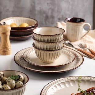 舍里美式复古碗碟套装家用创意，饭碗平盘菜盘子欧式陶瓷西餐盘餐具