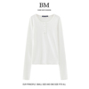BM Fashion美式纯色修身内搭打底衫女bm暗扣螺纹卷边短款长袖T恤