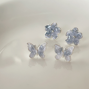 夏季蓝色水晶设计感耳钉，925银针小清新耳环耳饰2023年潮耳夹